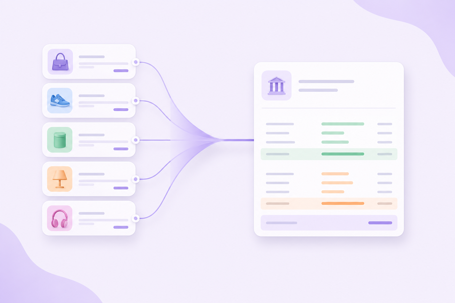 Diagram: an Amazon settlement decomposes into fee, revenue, tax, and FIFO COGS lines that post as one QuickBooks Online journal matching the bank deposit