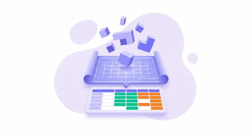 Isometric illustration: blueprint map, floating purple blocks, and a color-coded reconciliation grid for Amazon settlement data