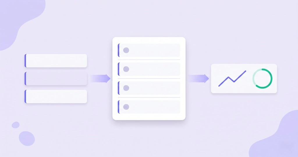 Illustration of inputs flowing into an organized ledger list and into a small dashboard with trend and completion metrics