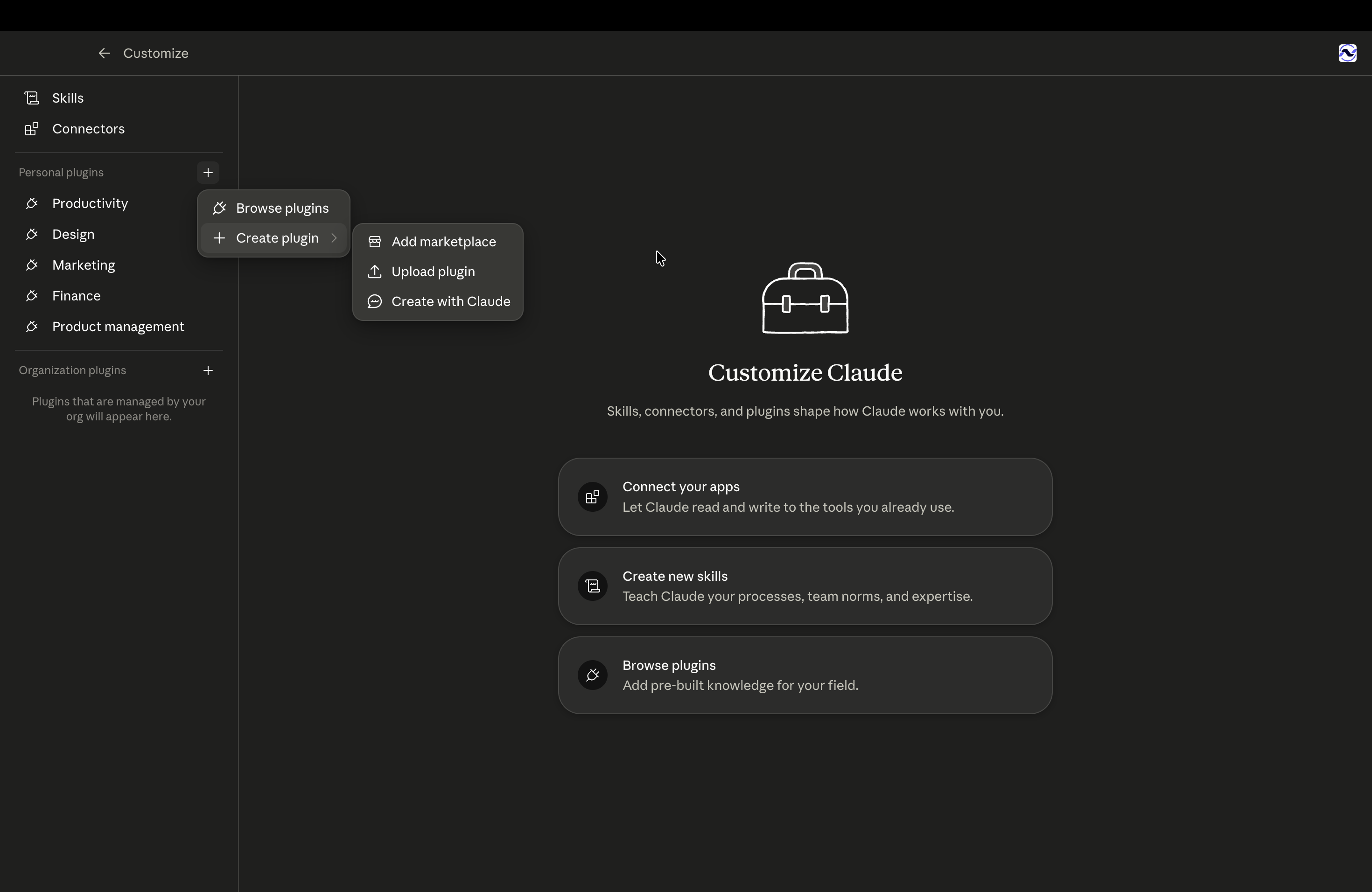 Customize sidebar + menu open: Create plugin submenu shows Add marketplace, Upload plugin, Create with Claude