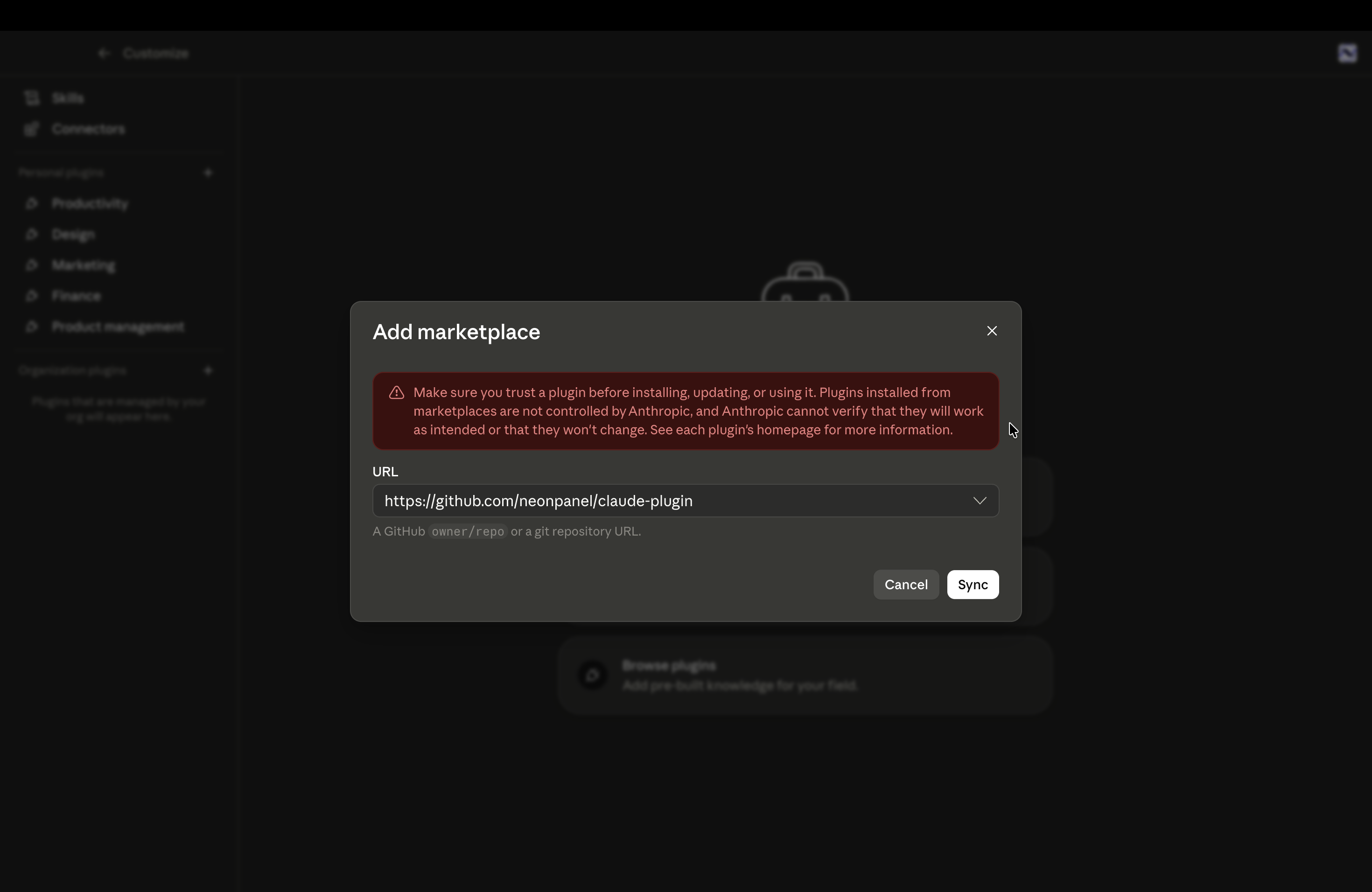 Add marketplace dialog with URL field showing https://github.com/neonpanel/claude-plugin and a Sync button