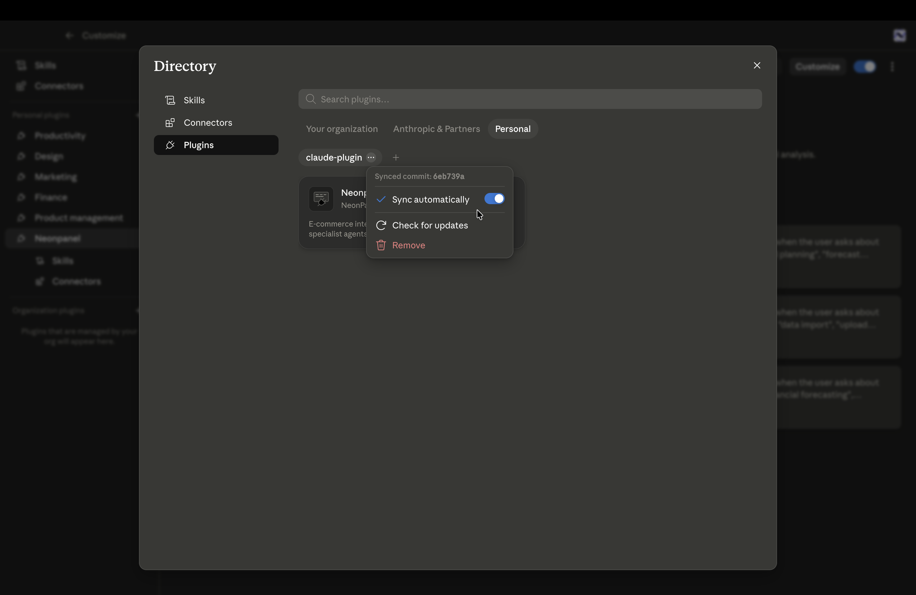 Directory open on Personal plugins tab, claude-plugin listed with 3-dot menu open showing Sync automatically toggled on