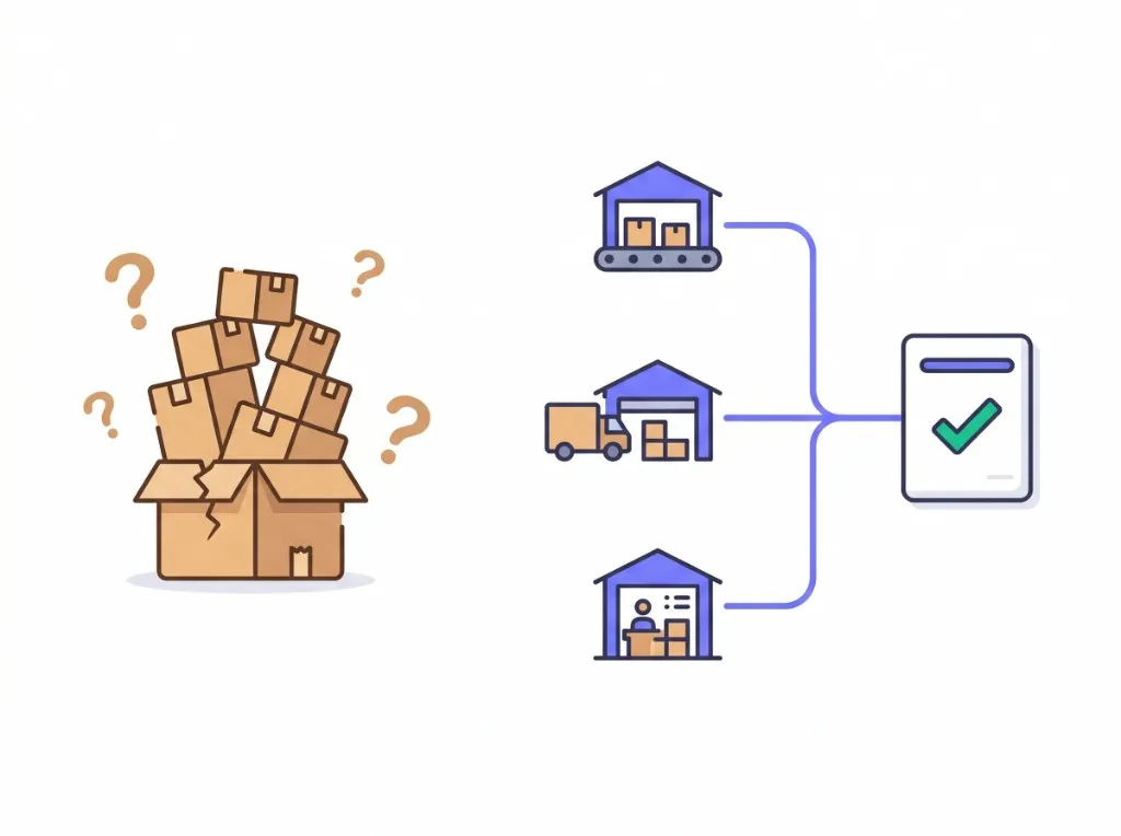 Illustration showing inventory complexity growing across multiple warehouses