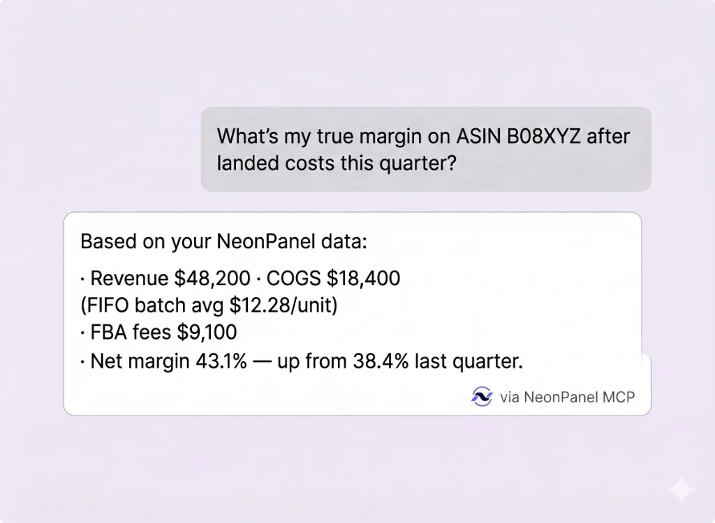 AI chat interface querying NeonPanel data via MCP for real-time Amazon insights