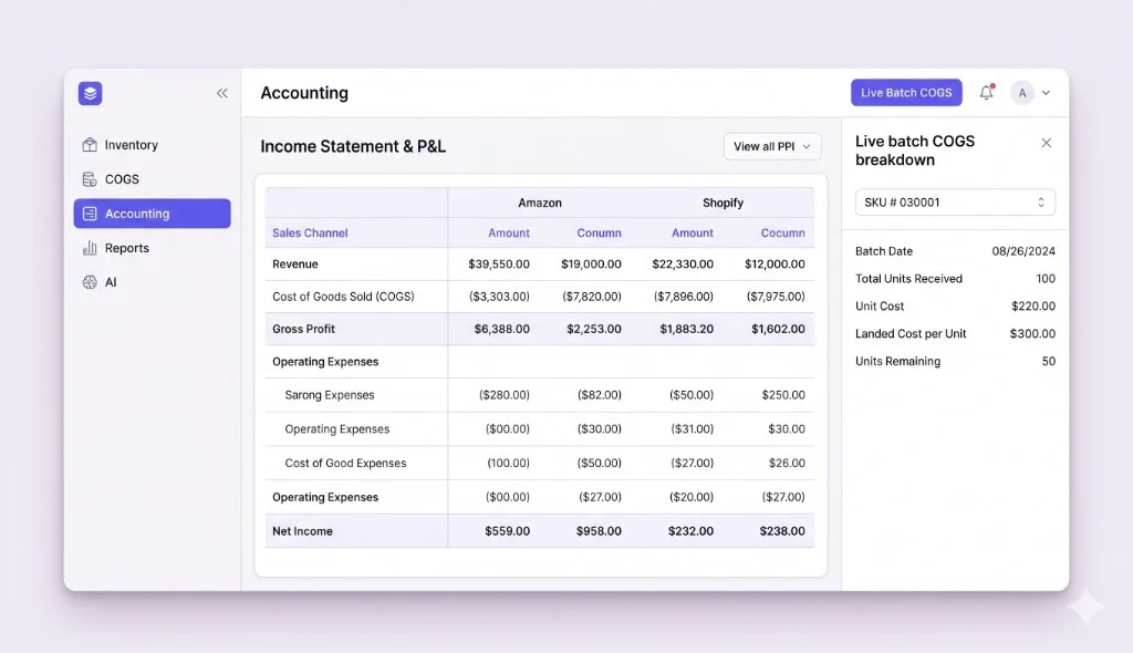 NeonPanel platform overview — multi-panel view with inventory, COGS, accounting, and AI
