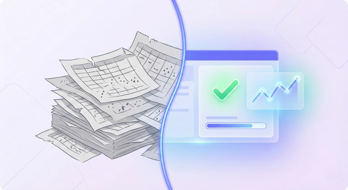 Visual comparison: messy spreadsheets versus clean NeonPanel dashboard