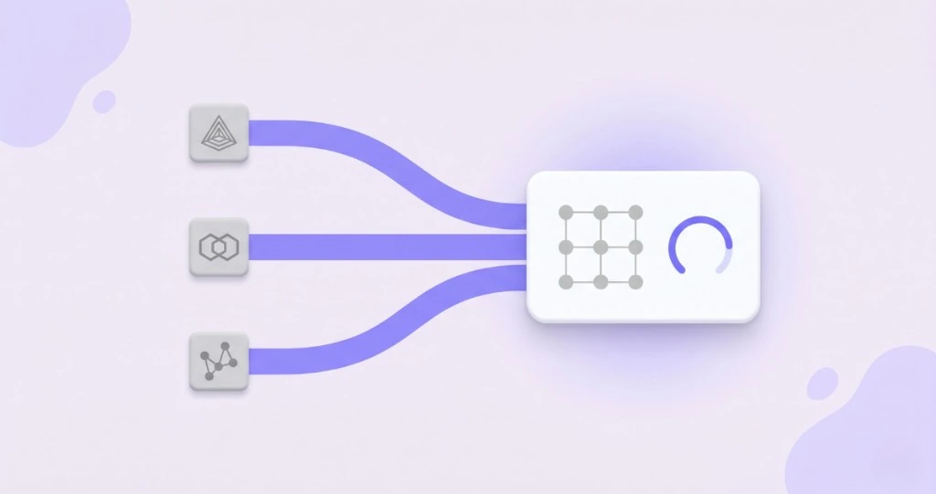 Abstract illustration of multiple data streams merging into one inventory hub