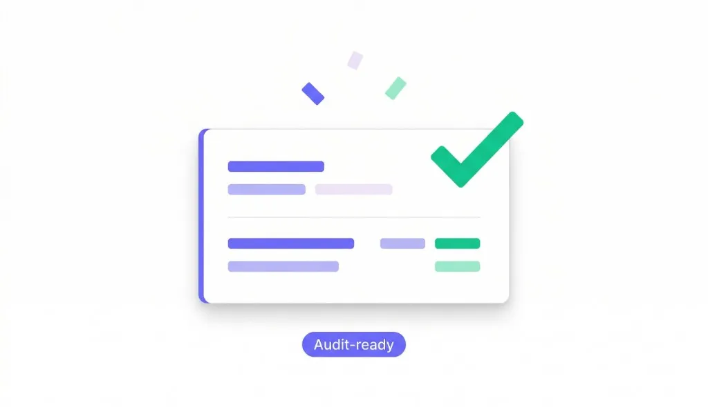 Illustration of a green checkmark and clean journal entries appearing in a ledger, representing successful go-live