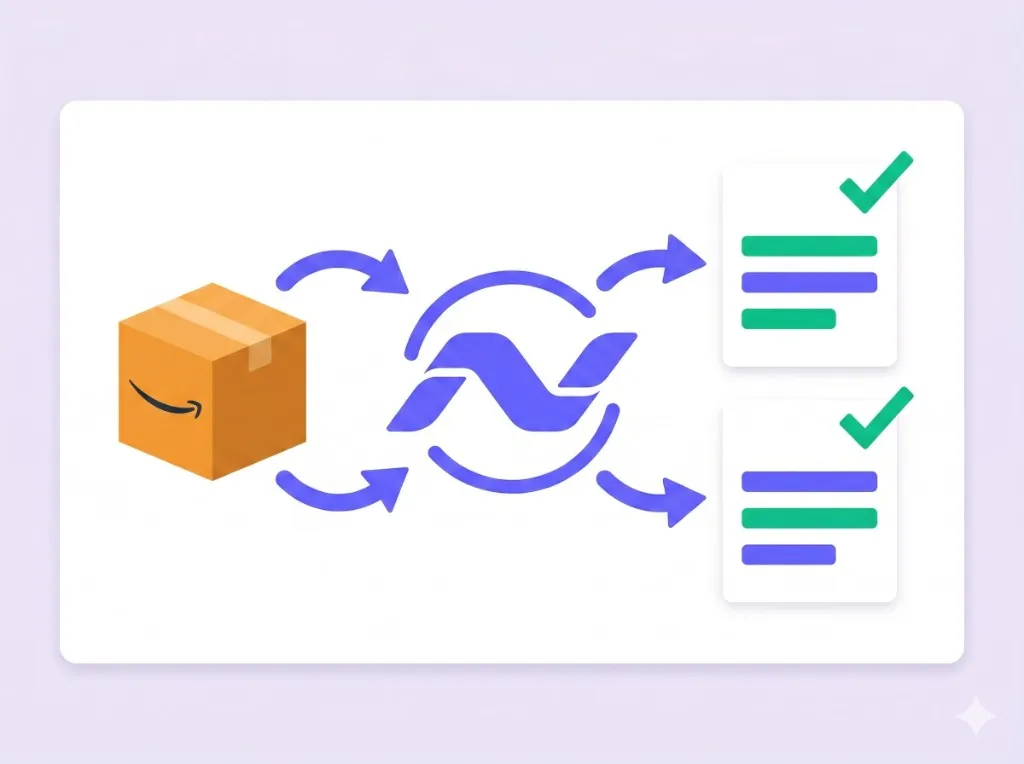 Illustration showing Amazon data flowing through NeonPanel into clean accounting ledgers in QuickBooks and Xero