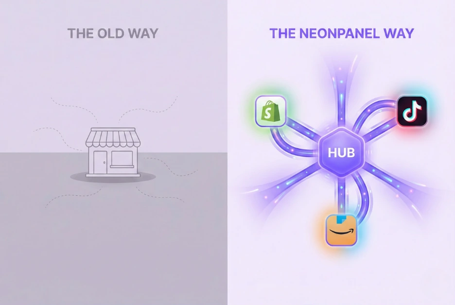 NeonPanel connecting Shopify, TikTok, and Wholesale channels