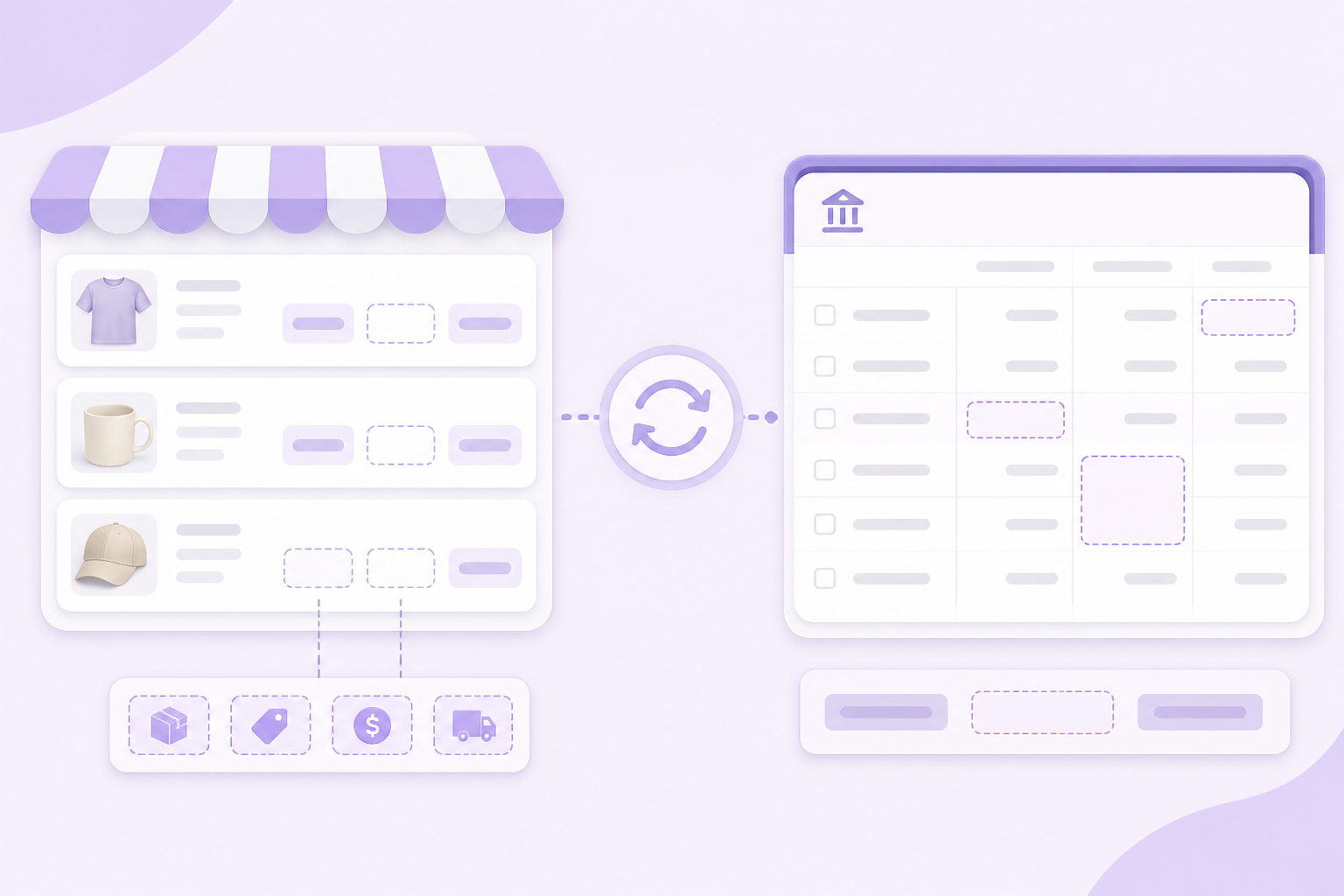 Diagram: Shopify sales transforming into mapped QuickBooks Online journals with COGS and fees