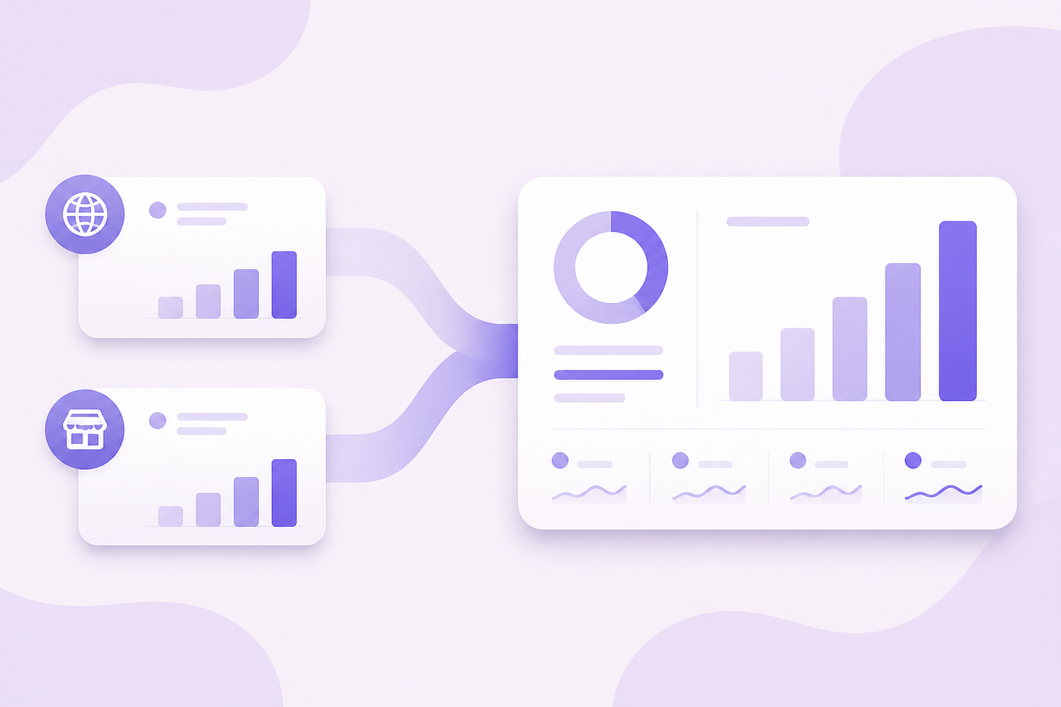 Diagram: Shopify and Amazon channels flow through one ledger into a unified profit and loss in QuickBooks Online